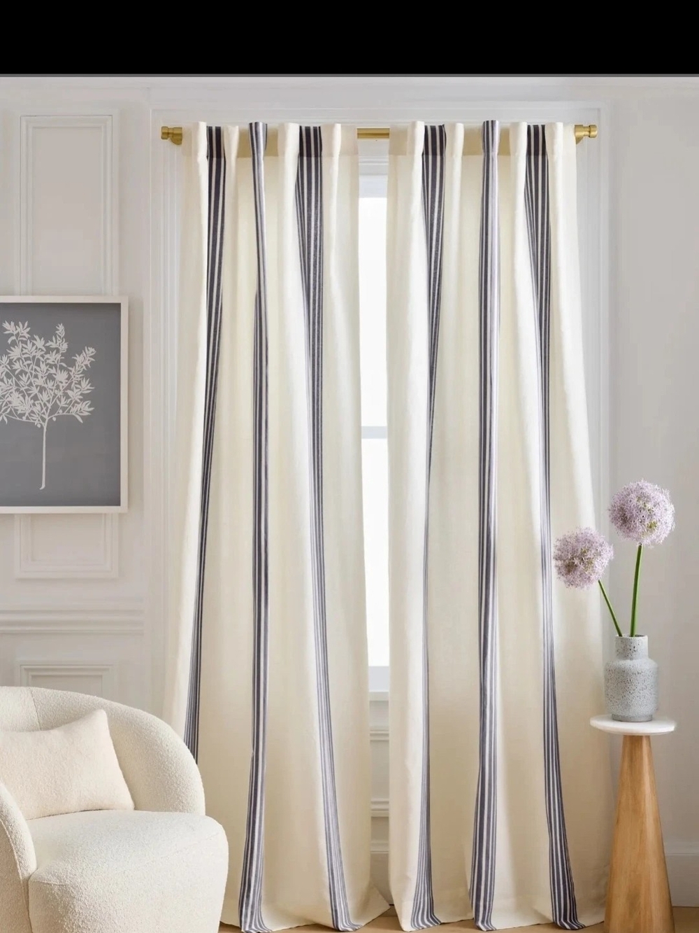 QUINCE Coastal Stripe Linen Cotton Light Filter Panel Set, Navy Ivory 48 X 108”